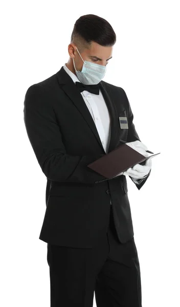 Σερβιτόρος Ιατρική Μάσκα Προσώπου Λαμβάνοντας Παραγγελία Λευκό Φόντο — Φωτογραφία Αρχείου