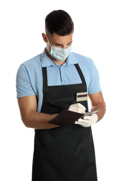 Tıbbi Maske Takan Garson Beyaz Arka Planda Emir Alıyor — Stok fotoğraf