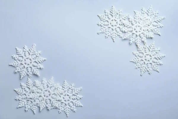 Beautiful Snowflakes White Background Flat Lay Space Text — Stock Photo, Image