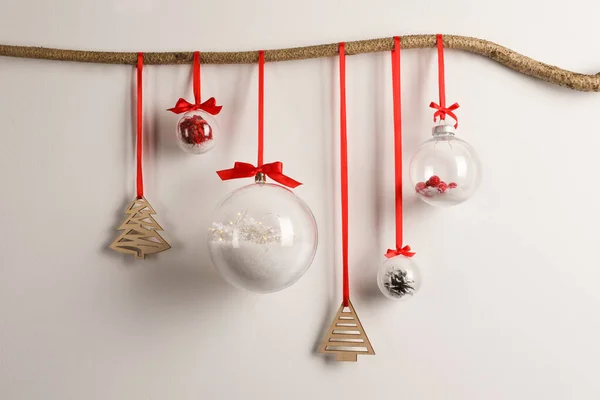 Decorative Snow Globes Hanging Grey Background — Stock Photo, Image
