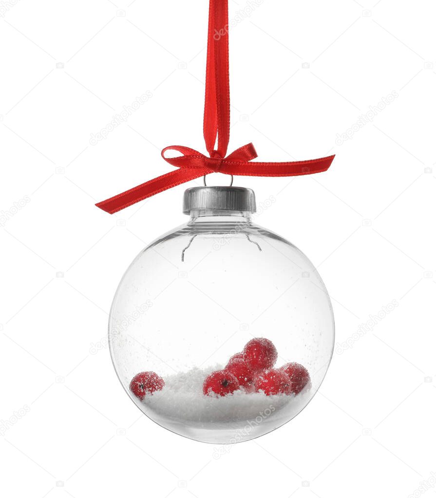 Decorative snow globe with red ribbon isolated on white