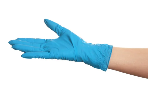 Женщина Синих Латексных Перчатках Белом Фоне Крупным Планом Руки — стоковое фото
