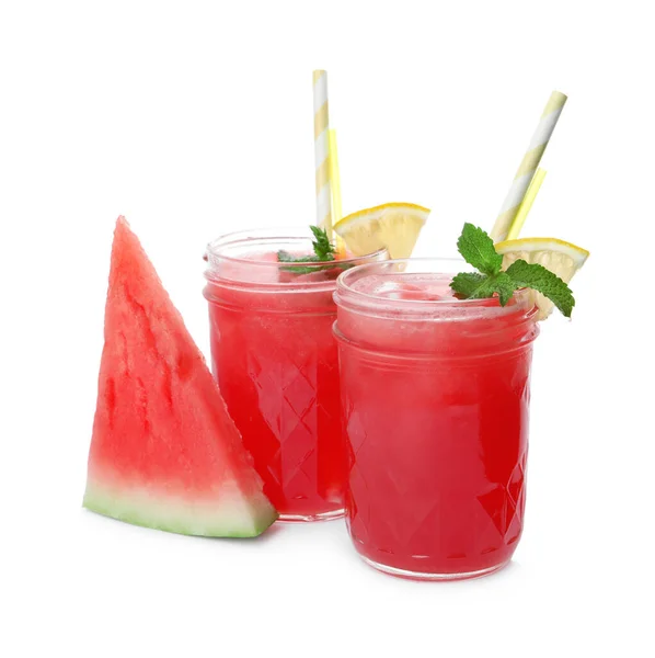 Läckra Färska Vattenmelon Drycker Med Färsk Frukt Vit Bakgrund — Stockfoto