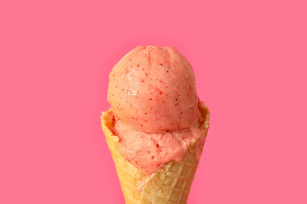 Delicious Ice Cream Waffle Cone Pink Background Closeup — Stock Photo, Image