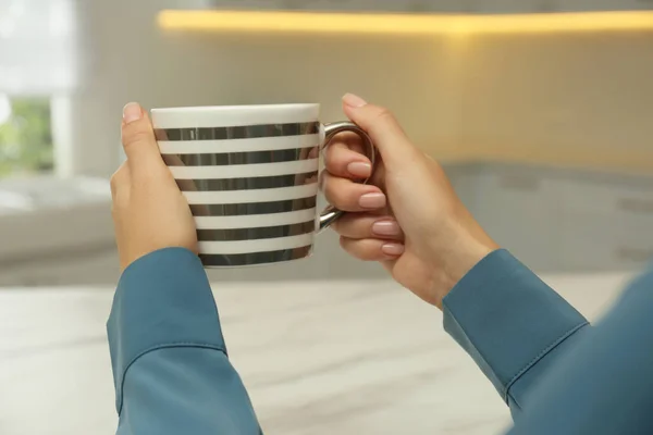 Woman Holding Elegant Cup Kitchen Closeup — Stock Photo, Image