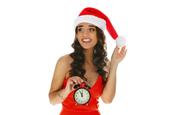 Hermosa Mujer Sombrero Santa Celebración Reloj Despertador Sobre Fondo Blanco —  Fotos de Stock