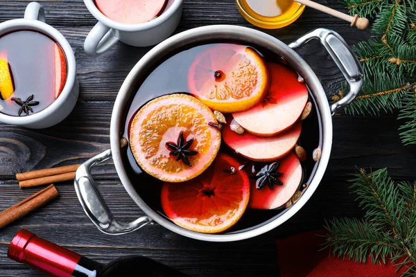 Delicious Mulled Wine Ingredients Black Wooden Table Flat Lay — Stock Photo, Image