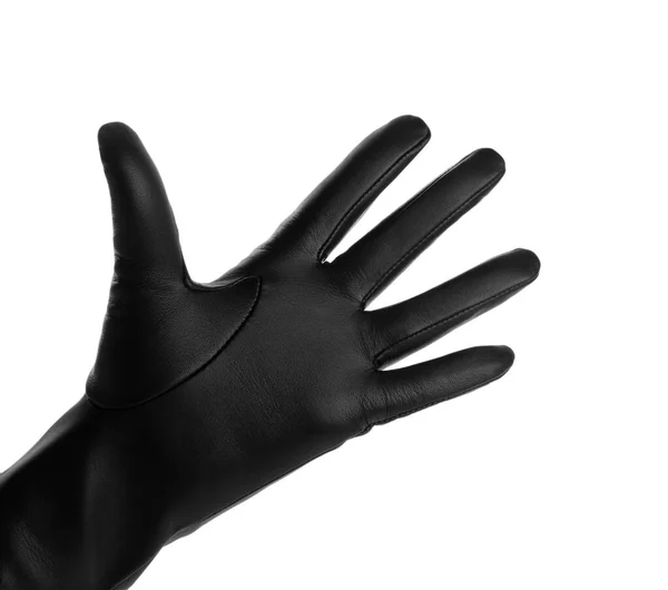Женщина Черной Кожаной Перчатке Белом Фоне Крупным Планом — стоковое фото