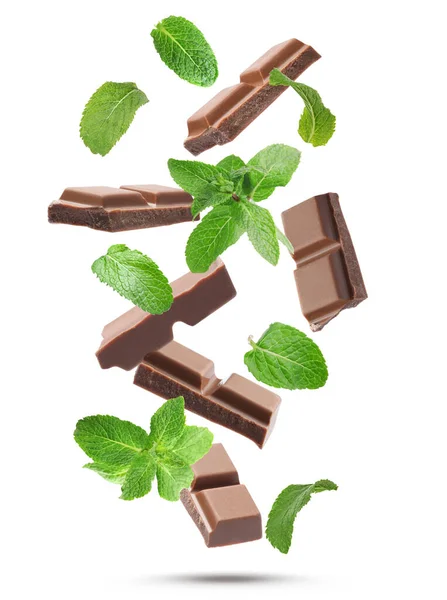 Milchschokoladenstücke Und Minze Fallen Auf Weißem Hintergrund — Stockfoto