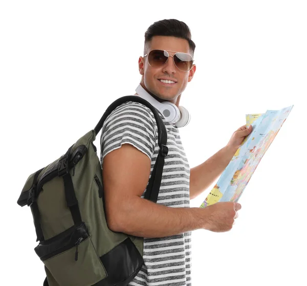 Людина Картою Рюкзаком Білому Тлі Літні Подорожі — стокове фото