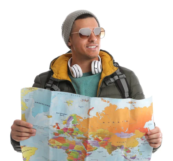 Człowiek Mapą Białym Tle Podróż Zimowa — Zdjęcie stockowe