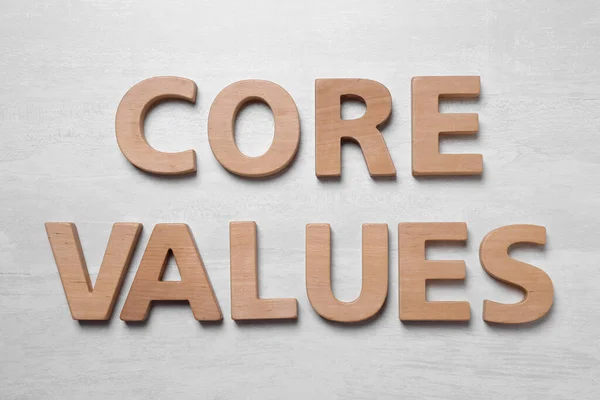 Fase Core Values Gemaakt Van Houten Letters Witte Ondergrond Vlak — Stockfoto