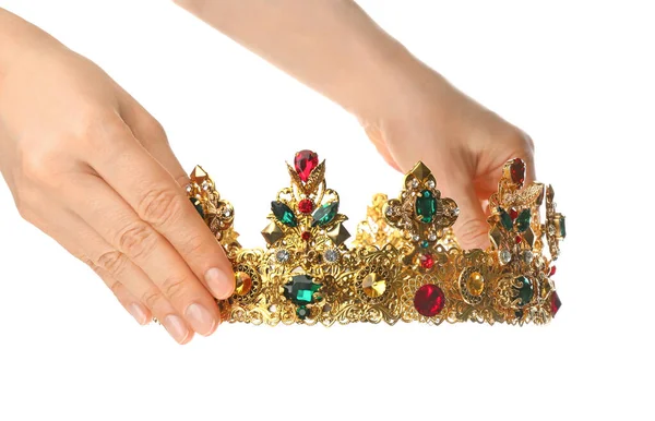 Kvinna Som Håller Vackra Gyllene Krona Vit Bakgrund Närbild Fantasiföremål — Stockfoto