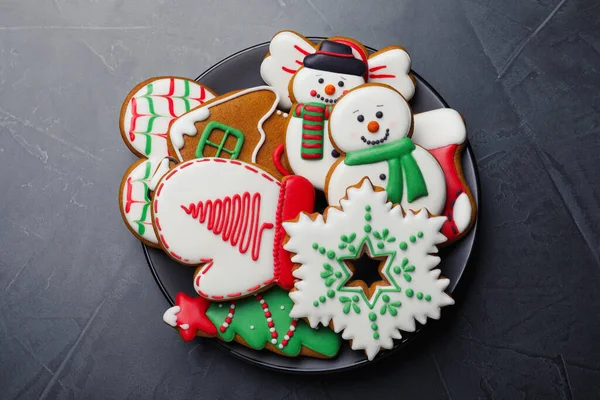 Delicious Christmas Cookies Black Table Top View — Stock Photo, Image