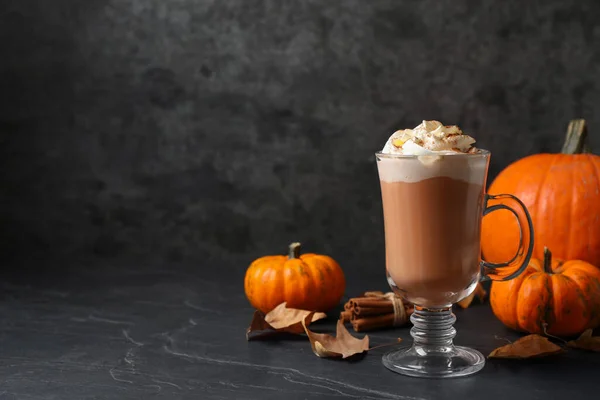 Delicious Pumpkin Latte Black Slate Table Space Text — Stock Photo, Image