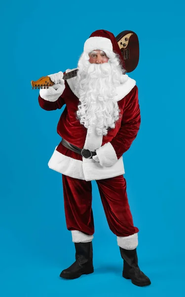 Santa Claus Electric Guitar Blue Background Christmas Music — Stock Photo, Image