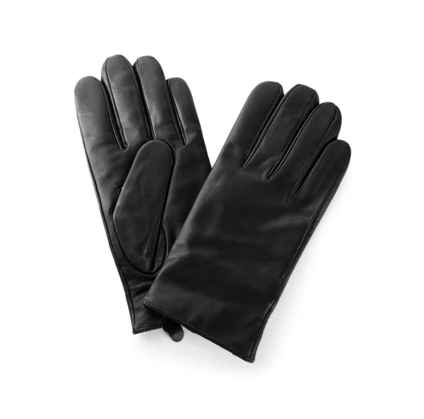 Elegantes Guantes Cuero Negro Sobre Fondo Blanco Vista Superior — Foto de Stock