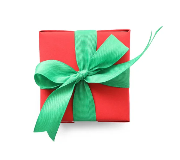 Рождественский Подарок Коробка Украшена Зеленый Лук Изолированы Белый Вид Сверху — стоковое фото