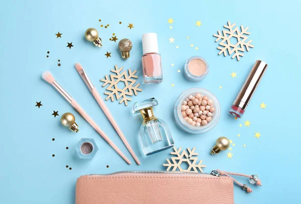 Flat Lay Composition Decorative Cosmetic Products Light Blue Background Winter — Stock Photo, Image