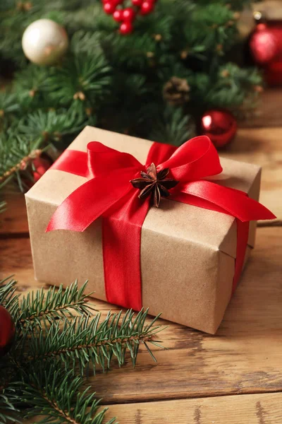 Christmas Gift Box Wooden Table Closeup — Stock Photo, Image