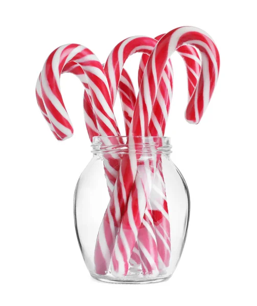 Glas Mit Süßen Weihnachtsbonbons Auf Weißem Hintergrund — Stockfoto