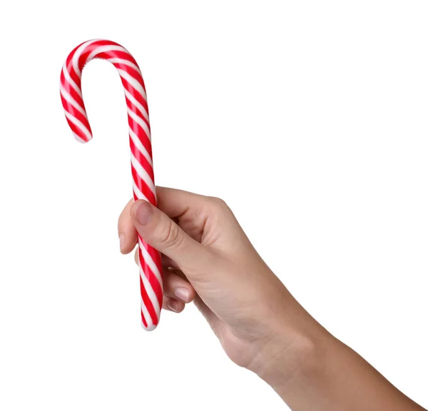 Woman Holding Sweet Christmas Candy Cane White Background Closeup — Stock Photo, Image