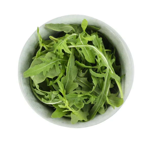 Heerlijke Verse Arugula Kom Geïsoleerd Wit Bovenaanzicht — Stockfoto