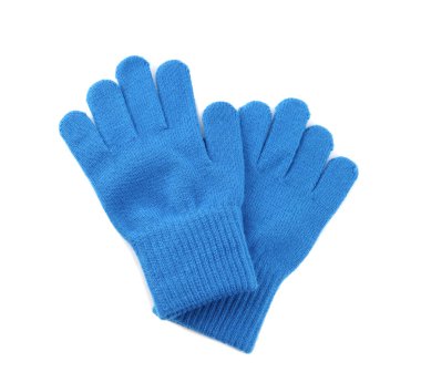 Blue woolen gloves on white background, top view. Winter clothes clipart