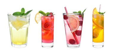 Beyaz arka planda soda ile yapılan farklı limonata içecekleri. Pankart tasarımı 
