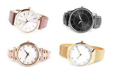 Beyaz arkaplanda şık saatlerin kolajı