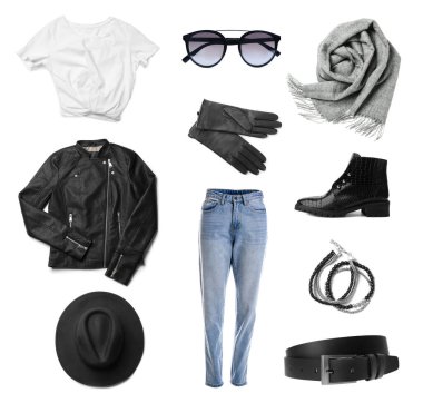 Şık bir görünüş. Beyaz arka plandaki kadınlar için modern kıyafetler, eldivenler ve diğer aksesuarlarla kolaj