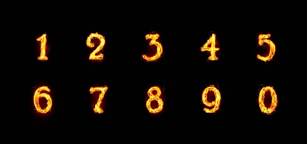 Set Flaming Numbers Black Background — Stock Photo, Image