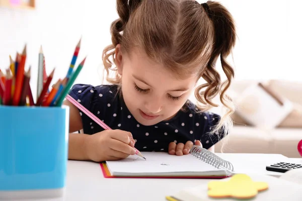 Cute Little Girl Doing Homework Table — Stock Photo, Image