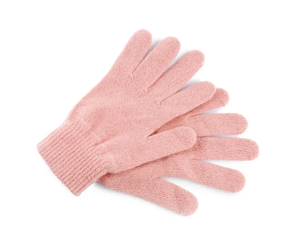 白い背景にピンクウールの手袋 トップビュー — ストック写真