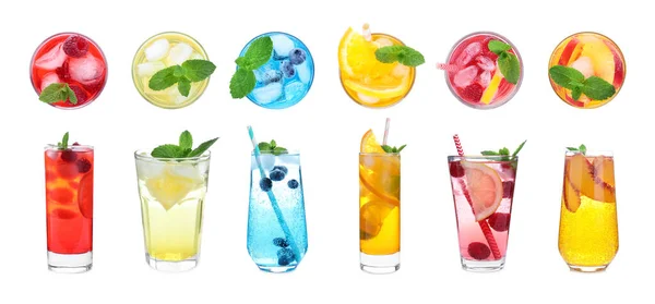 Set Different Lemonade Drinks Made Soda Water White Background Top — Stock Photo, Image