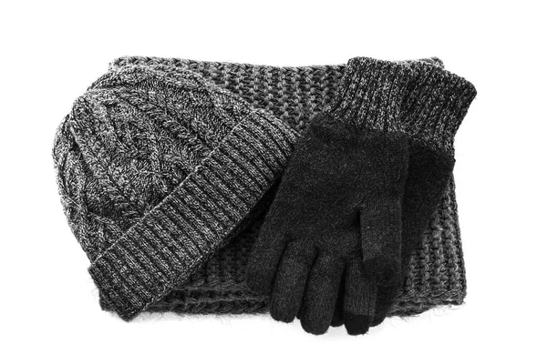 Schwarze Wollhandschuhe Schal Und Mütze Auf Weißem Hintergrund Draufsicht Winterkleidung — Stockfoto