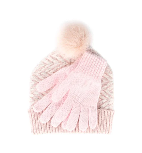 Woolen Gloves Hat White Background Top View — Stock Photo, Image