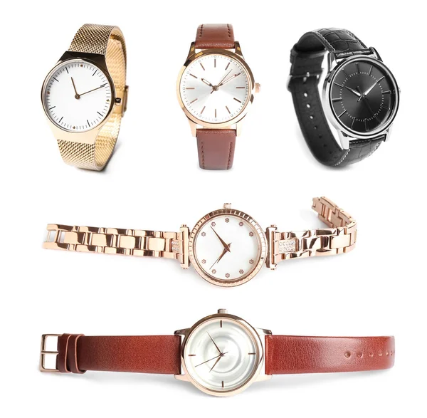 Collage Orologi Alla Moda Sfondo Bianco — Foto Stock