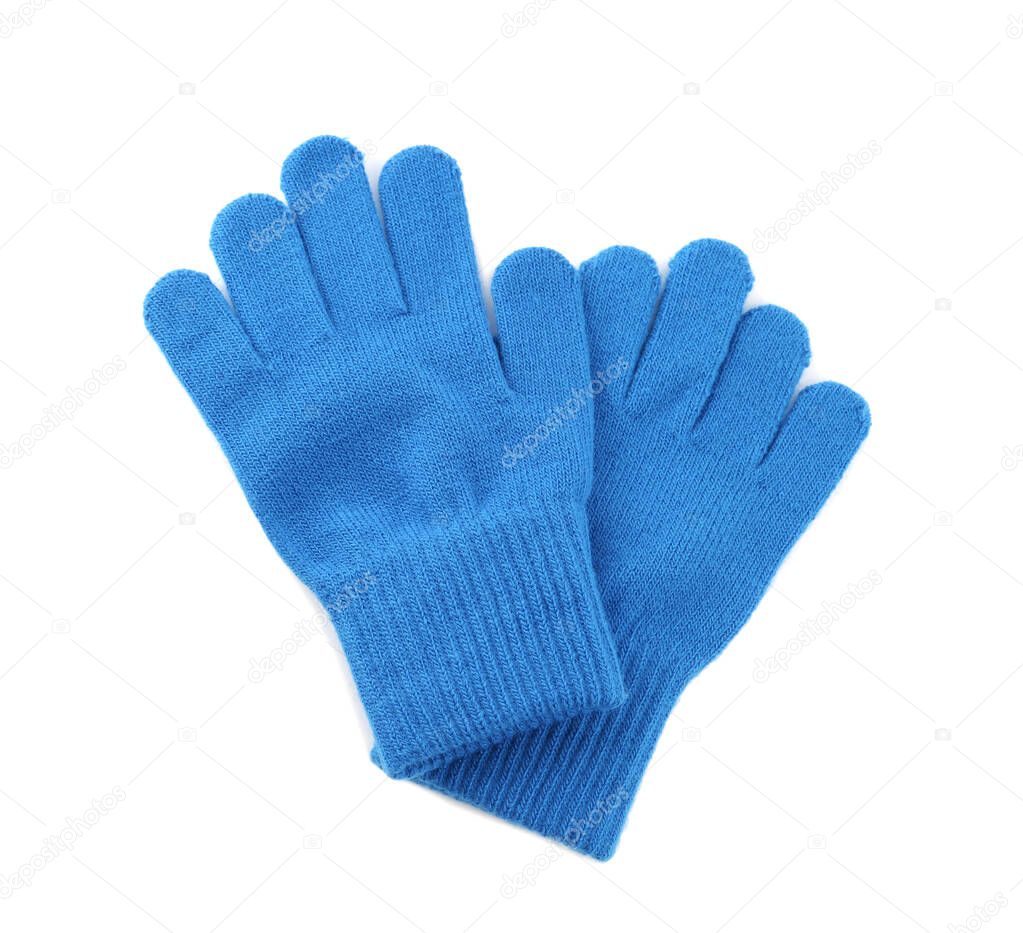 Blue woolen gloves on white background, top view. Winter clothes