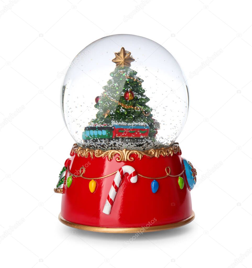 Beautiful snow globe with Christmas tree isolated on white