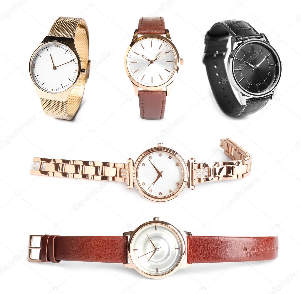 Collage of stylish watches on white background