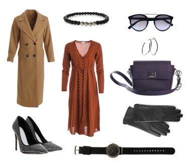 Şık bir görünüş. Beyaz arka plandaki kadınlar için modern kıyafetler, eldivenler ve diğer aksesuarlarla kolaj