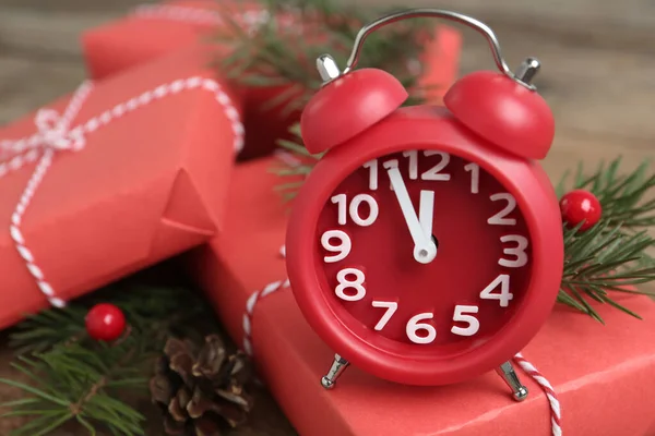 Beautiful Composition Alarm Clock Christmas Gifts Closeup Boxing Day — Stock Photo, Image