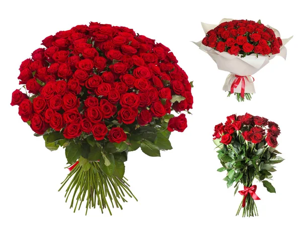 Σετ Όμορφα Ανθοδέσμες Από Κόκκινα Τριαντάφυλλα Λευκό Φόντο — Φωτογραφία Αρχείου