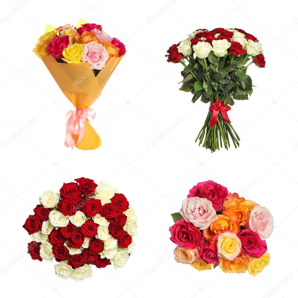 Set of beautiful rose bouquets on white background