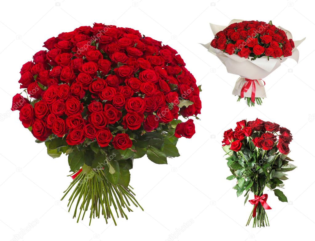 Set with beautiful bouquets of red roses on white background