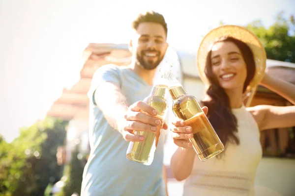 Young Couple Bottles Beer Outdoors Focus Hands Camping Season — Stock Photo, Image