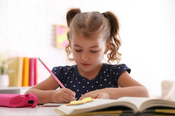 Cute Little Girl Doing Homework Table — Stock Photo, Image