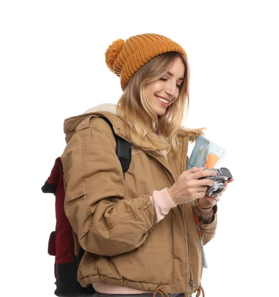 Mulher Com Mapa Câmera Sobre Fundo Branco Viagem Inverno — Fotografia de Stock