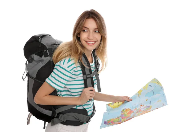 Mulher Com Mapa Mochila Fundo Branco Viagem Verão — Fotografia de Stock